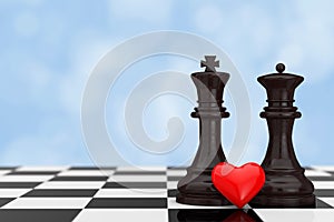 Love Concept. Chess King and Queen Figures with Red Heart over C