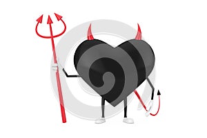 Love Concept. Evil Devil Heart Cartoon Mackot Character Person with Pitchfork, Horns and Tail. 3d Rendering