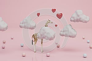 love concept. giraffe in the clouds with hearts on a pink background with colorful balloons. 3d render