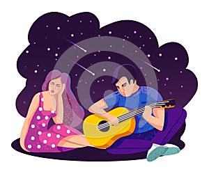 Love concept. Girl and Guy listen to love song in open air.Cosmic night sky with falling stars. Vector illustration