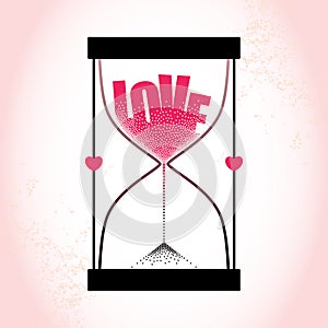 Love concept with hourglass and decreasing sand on the textured pink background