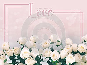 In love concept,love wording on white roses background.