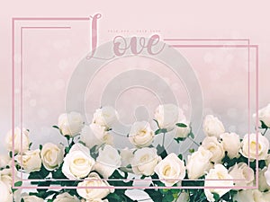 In love concept,love wording on white roses background.