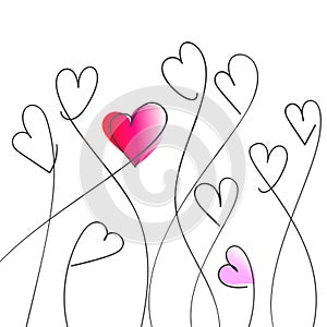 Love concept, Many growing hearts hand drawn continuous one line drawing, vibrant gradient and black line vector