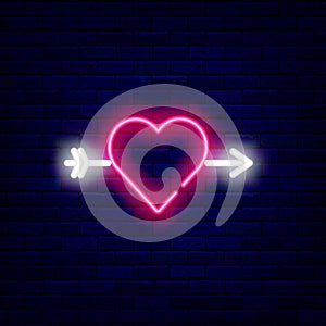 Love concept. Neon cupid arrow with heart. Happy Valentines Day. Wedding design. Vector stock illustration