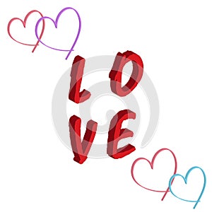 Love concept red text hearts isolated white background