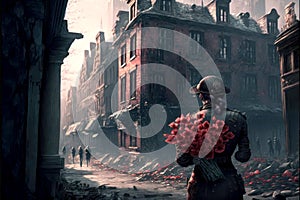 Love concept in the war. City destroyed by war or by a great disaster. Hope in the chaos. Generative Ai