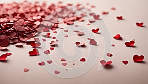 Love confetti. Sparse red heart-shaped confetti scattered sparingly against a plain, muted background.