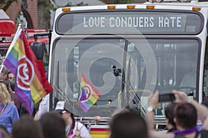 Love Conquers Hate gay pride parade bus in Portland, Oregon.