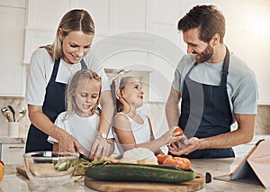 Love, cooking and family in the kitchen together for bonding and preparing dinner, lunch or supper. Happy, smile and