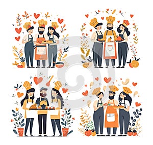 Love cooking scenes doodle vector illustrations. Chefs men women characters standing together holding dishes, plant food