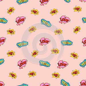 Love, cool stickers, youth seamless pattern. Vector background printing of trendy fabric, casual clothes, wrapping paper