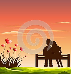 Love couple on bench with polygonal heart shaped of wildflowers. Valentine day concept