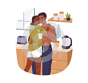 Love couple, black woman and man kissing, hugging at home kitchen in morning. Happy valentines, romantic partners