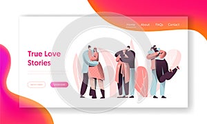 Love Couple Character Hug Landing Page. Happy Lover Relationship Romantic Story. Woman Man Valentine Romance Dating