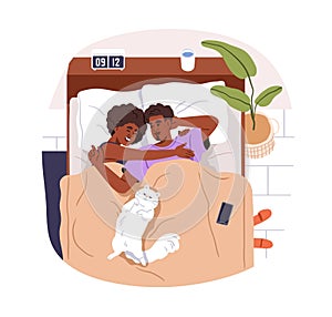 Love couple, cute cat waking up in morning at weekend. Happy black woman and man hugging, kitty lying, relaxing in home