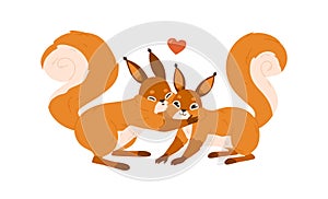 Love couple of cute happy squirrels, kissing and hugging. Adorable enamored small rodents. Romantic scene of sweethearts