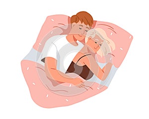 Love couple dreaming together in bed. Asleep people, romantic partners. Husband hugging wife in sleep. Man and woman