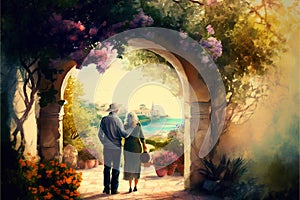 love couple enjoying their moment at the garden landscape back view