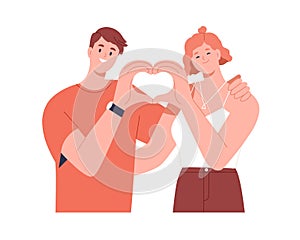 Love couple with heart-shaped hand gesture. Happy man and woman portrait. Two valentines, romantic partners together