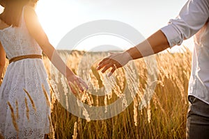 Love couple hold hands in a rye field on sunset