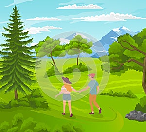 In love couple holding hands and walking at green hills at mountains background, summertime