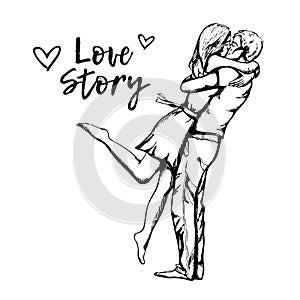 Love couple kiss.  Boy and girl in Valentines day. Hand drawn engraving style illustrations