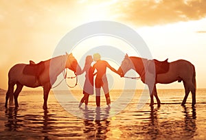 In love couple kissing on the beach. Two horses at sunset, summer scene. sunset in the sea