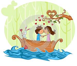Love couple kissng in boat
