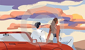 Love couple looking at sunset. Romantic date, man and woman watching, enjoying evening sky with sundown, sitting on car