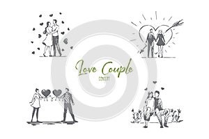 Love couple - loving romantic couple walking outdoor and hugging each other vector concept set