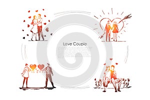 Love couple - loving romantic couple walking outdoor and hugging each other vector concept set