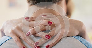 Love, couple and manicure hands around neck for support, intimacy and partnership connection close up. Woman with beauty