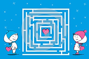 Love couple and maze game with hearts,funny characters in winter