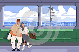 Love couple in overground metro, suburban train. Romantic man, napping woman passengers sitting in public transport, sea photo