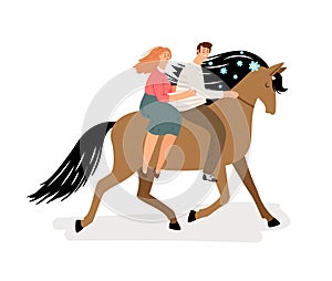 Love couple riding a horse. Vector horse, man and woman isolated on white background. Romantic illustration