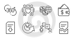 Love couple, Share idea and World money icons set. 360 degree, Corrupted file and Consulting business signs. Vector
