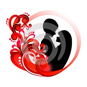 Love couple silhouette in red floral circle