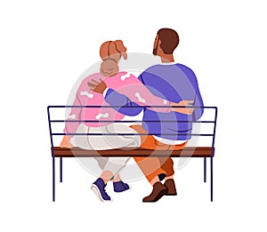 Love couple sitting on bench, hugging, back view. Man and woman embracing from behind. Romantic male and female