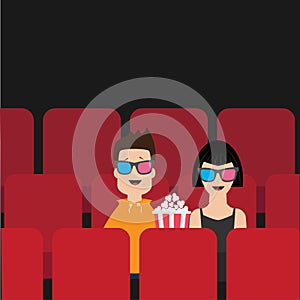 Love couple sitting in movie theater eating popcorn. Film show Cinema background. Viewers watching movie in 3D glasses. Red seats