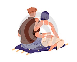 Love couple sitting together and hugging, back rear view. Young romantic man and woman embracing from behind. Two sweet