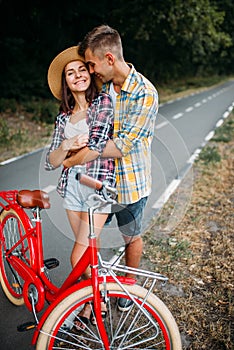 Love couple walk on vintage bikes romantic journey
