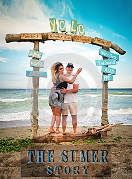 The love cover of a summer story, photo shooting tender kissing couple.