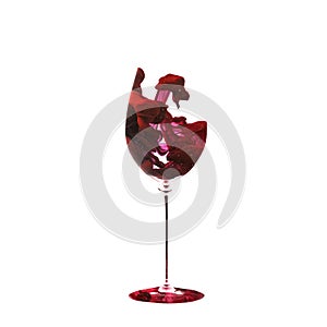 Love. Creative artwork. Red wine texture made of red dye, liquid with drops and splashes. One wine glass isolated on