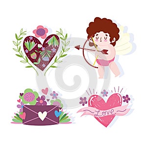 Love cupid letter heart flowers floral decoraiton romantic cartoon