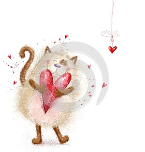 Love. Cute cat with red heart.Cat in love.Valentines day postcard.Love background.I love you.Meeting invitatnd drawn. Grunge heart