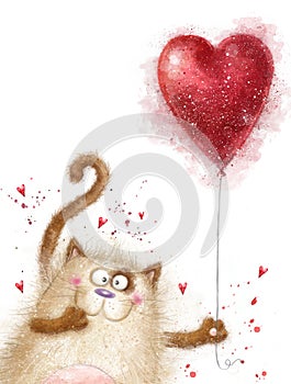 Love. Cute cat with red heart.Cat in love.Valentines day postcard.Love background.I love you.Meeting invitatnd drawn. Grunge heart