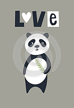 Love - Cute kids hand drawn nursery poster with panda bear animal and lettering.