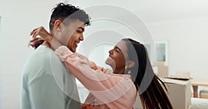 Love, dance and fun with a couple in their home together closeup for romance or dating. Music, laughing or excitement