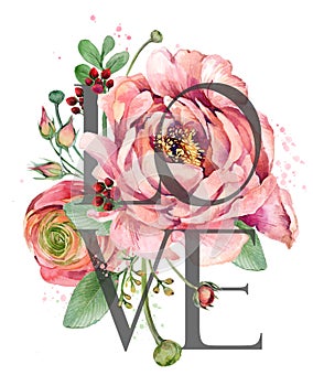 Love design. Valentines Day Greeting card. watercolor rose flowers illustration.